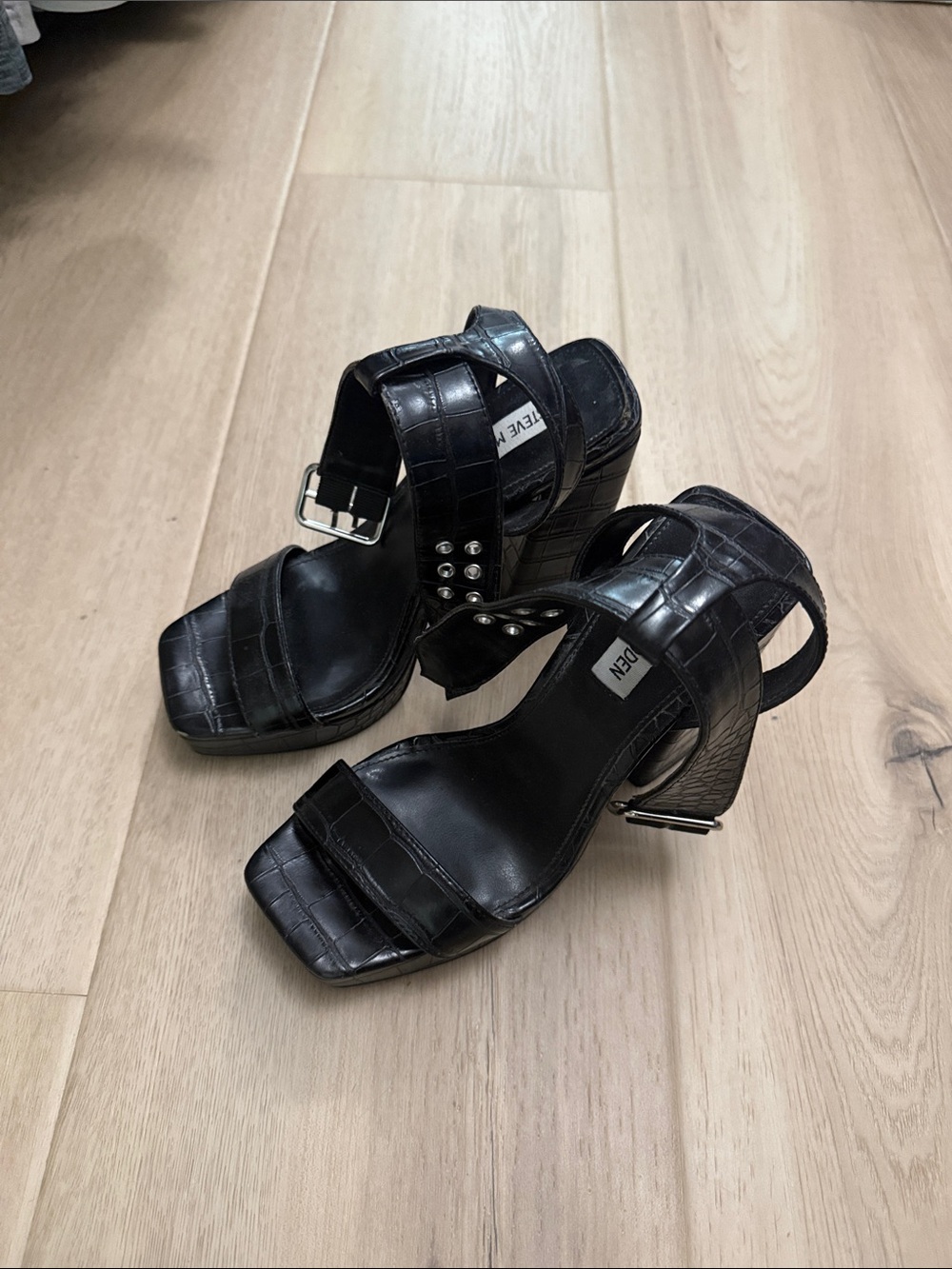 Steve Madden Black Croc-Embossed Chunky Heel Sandals